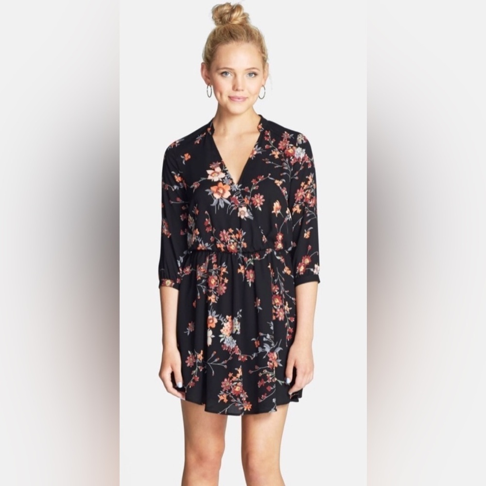 NWOT Lush Kendal Floral Faux Wrap Dress, Black Floral, Medium, fall, juniors